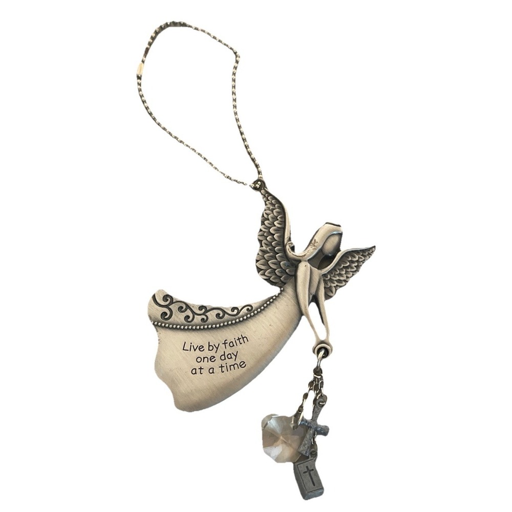 Car Charm Guardian Angel "Live By Faith One Day At A Time" Silver Crystal